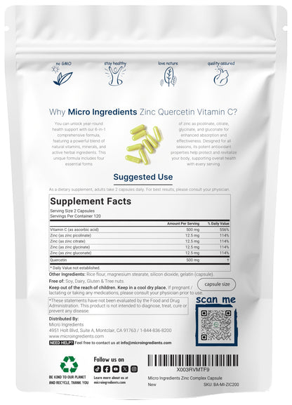Micro Ingredients Quercetin with Vitamin C and Zinc, 240 Capsules | Quercetin 500mg, Vitamin C 500mg, Zinc 50mg (Picolinate, Citrate, Glycinate, Gluconate)
