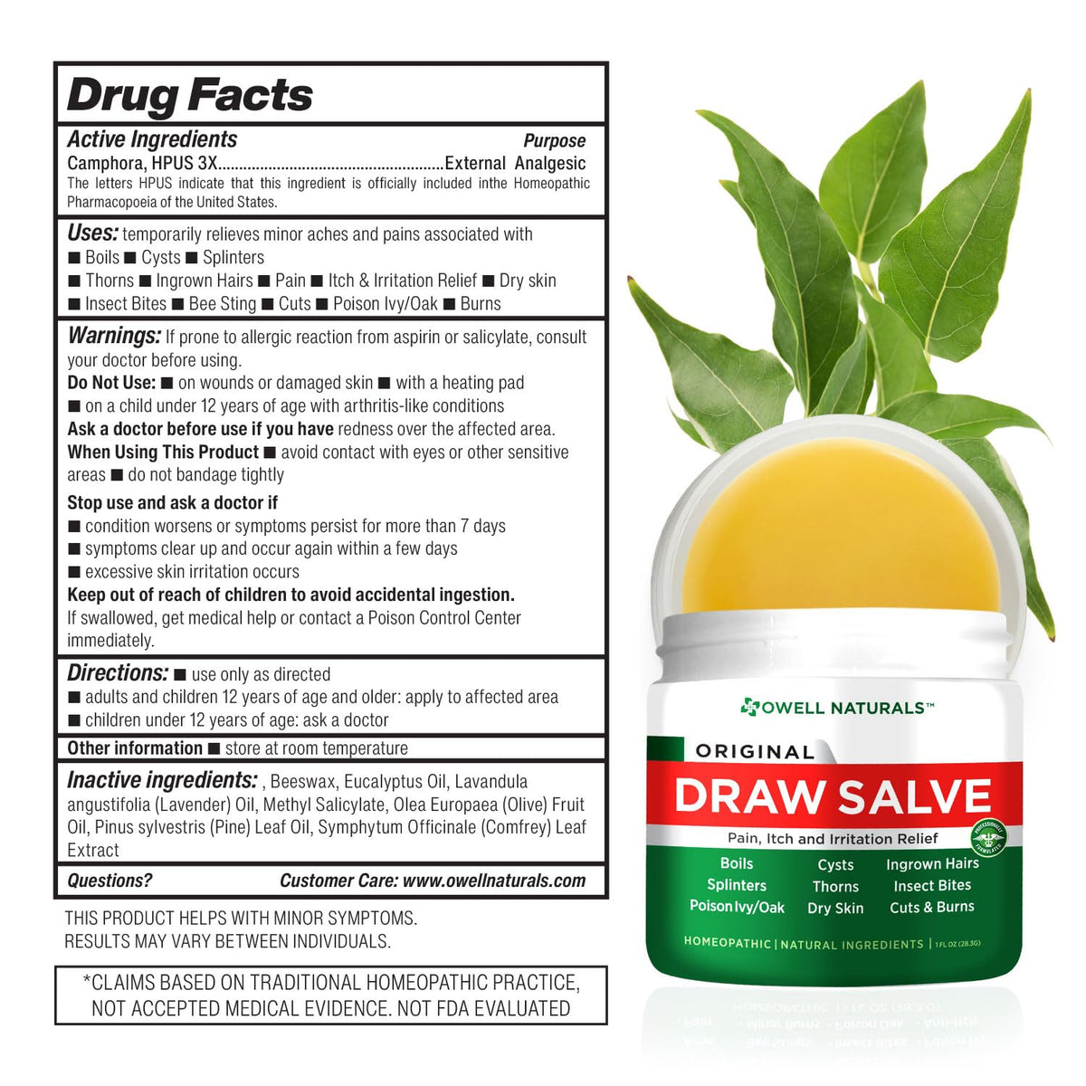 OWELL Naturals Drawing Salve Ointment for Boil & Cyst Removal, Deep Ingrown Hair, Splinter Remover, Bug Spider Bites, Bee Sting, Mosquito Itching, Poison Ivy