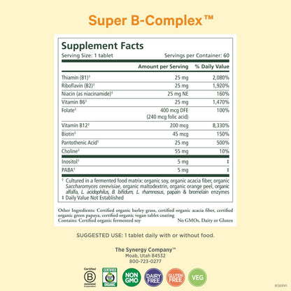 PURE SYNERGY Super B-Complex | Vitamin B Complex Made with Organic Whole Foods | Vegan Supplement with Natural Vitamin B12, Niacin, and Folate | for Energy