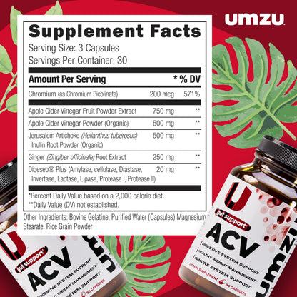 UMZU zuACV Apple Cider Vinegar + Prebiotics Supplement, (30 Day Supply) – ACV & Inulin Fiber Blend – Gut Health Support with ACV Capsules
