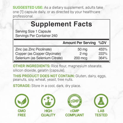 Deal Supplement Zinc 50mg with Selenium + Copper, 240 Capsules, 8 Month Supply, 3 in 1 Mineral Formula, Zinc Picolinate Complex Supplement