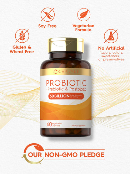 Carlyle Probiotic for Women and Men | 50 Billion CFU | 60 Capsules | Plus Prebiotic and Postbiotic | Complex Supplement | Vegetarian, Non-GMO, and Gluten Free