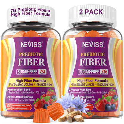 Fiber Gummies for Adults with Psyllium Husk, 7G(Soluble + Insoluble) Daily Prebiotic Fiber with Inulin, FOS, Guar Gum, Multivitamins for Daily Digestive Health,