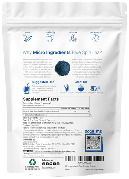 Organic Blue Spirulina Powder (Phycocyanin Extract), 30 Servings - No Fishy Smell, 100% Vegan Protein from Blue-Green Algae, Natural Luminous Food