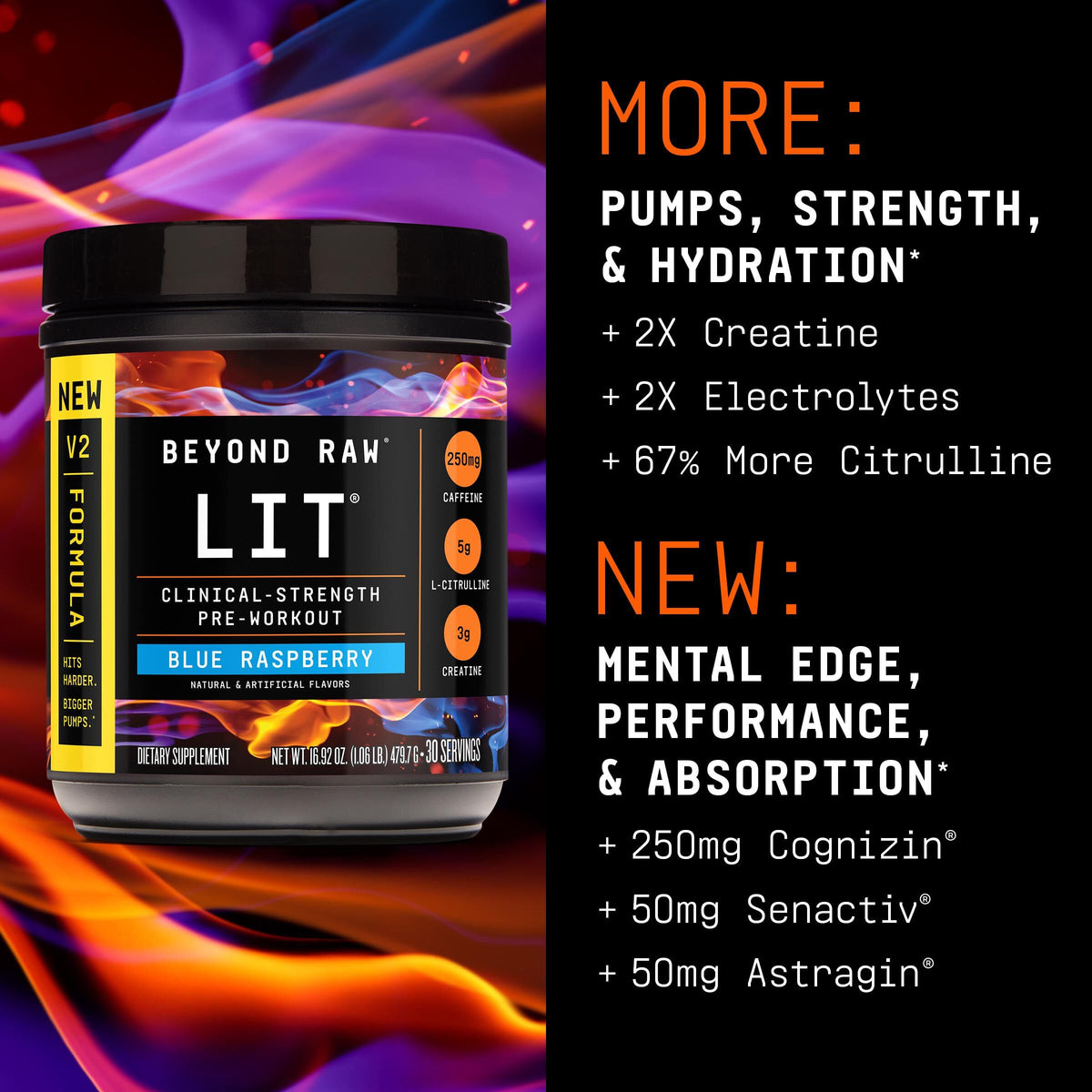 BEYOND RAW LIT V2 Clinical Strength Pre Workout Powder, Hits Harder, Bigger Pumps, Caffeine, L-Citrulline, Creatine, Blue Raspberry, 30 Servings