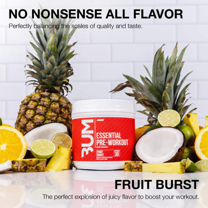 RAW Essential Pre-Workout Powder (Fruit Burst) - Chris Bumstead Sports Nutrition Supplement for Men & Women - Preworkout Energy Powder with Caffeine