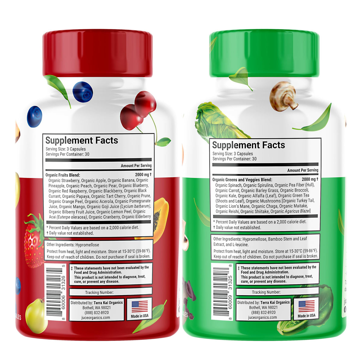 Juce Original Formula - Organic Super Fruit & Veggies Supplement - Gluten/Gelatin Free, Soy Free & Vegan- Reds & Greens Superfood Capsules- 23 Fruits & 23 Vegetables (180 Count)- By Terra Kai Organics Terra Kai Organics buy supplements Au