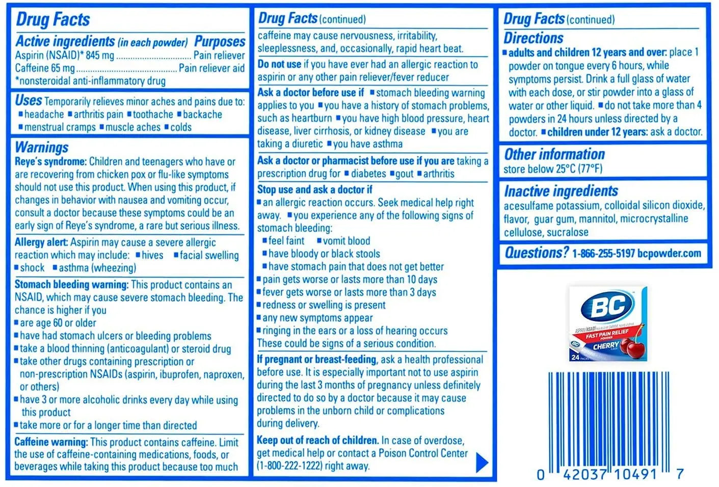 BC Powder Pain Reliever, Cherry Flavor Aspirin Dissolve Packs, 24 Count Powder Packets (6 Pack) BCBuy Supplements Australia