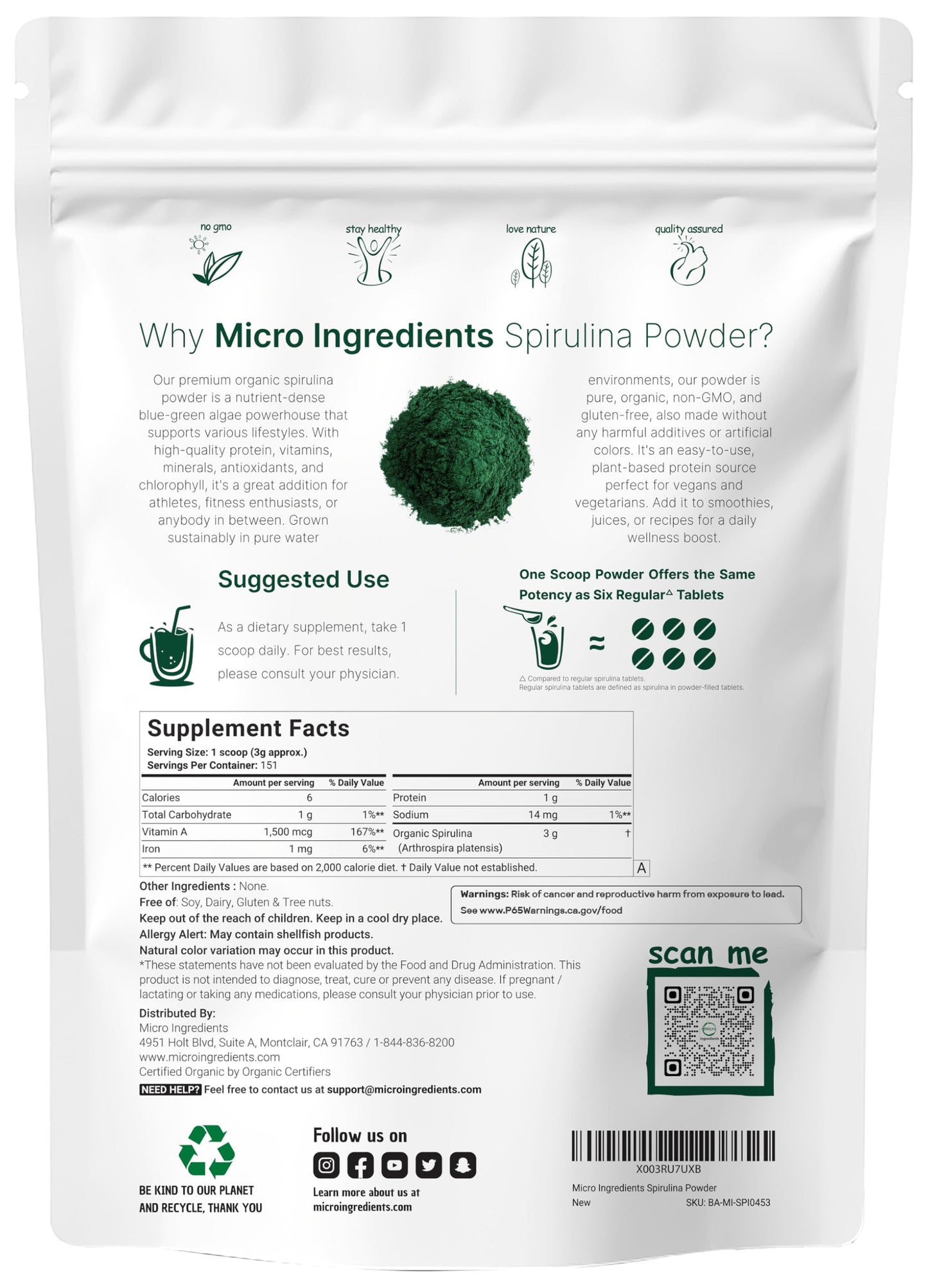 Micro Ingredients Organic Spirulina Powder, 1lb | Blue-Green Algae, Rich in Vegan Protein, Vitamins & Minerals | Source of Natural Chlorophyll & Enzymes