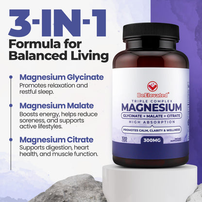 BeElevated High Absorption Triple Magnesium Complex for Sleep, Relaxation & Muscle Support – 300mg of Magnesium Glycinate, Citrate & Malate – Gentle on Stomach – Non-GMO, Vegan – 120 Capsules BeElevated buy supplements Au