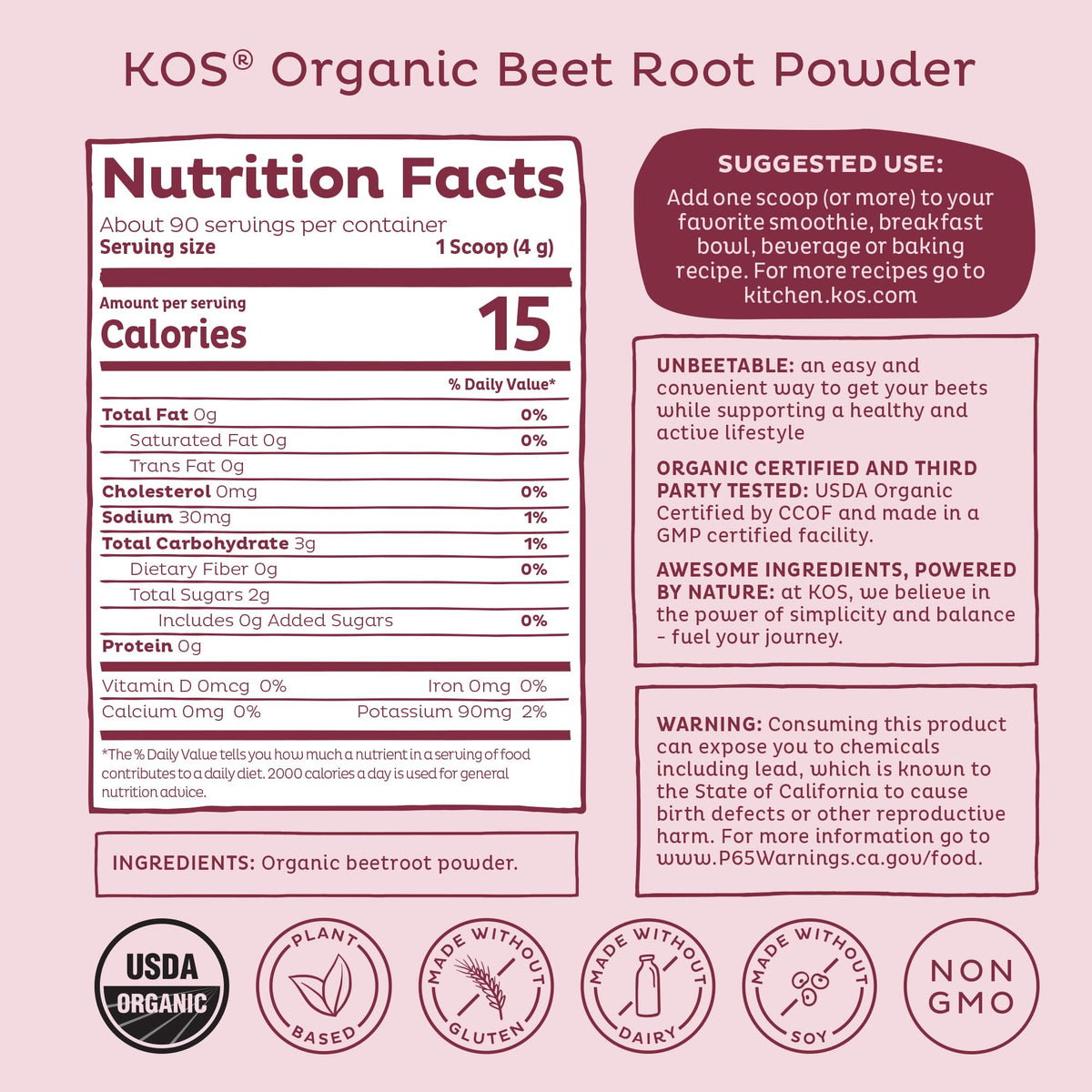 KOS Organic Beet Root Powder, USDA Organic - Natural Nitric Oxide Booster, Superfood Plant Based Beetroot Antioxidant, Supports Active Lifestyle & Healthy Circulation, Soy & Gluten-Free - 90 Servings KOS buy supplements Au