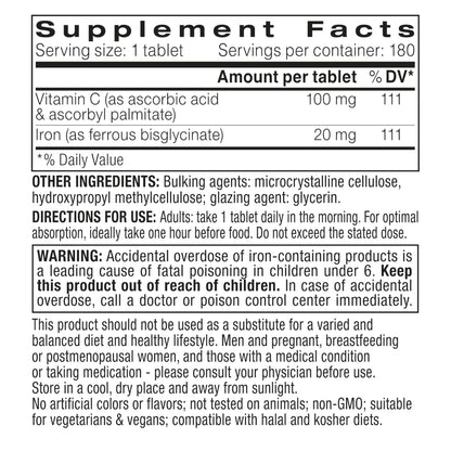 Igennus Clean Iron Bisglycinate 20mg, Vitamin C, 6 Month Supply, Gentle Chelated High Absorption Formula & Targeted Release Ferrous Bisglycinate