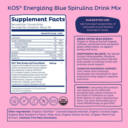 KOS Energizing Blue Spirulina Blend - USDA Certified Organic - B Vitamins, Ashwagandha, Ginseng, Adaptogens, Biotin - Vegan Pre Workout Powder - Caffeinated, Berry Flavored, 28 Servings KOS buy supplements Au
