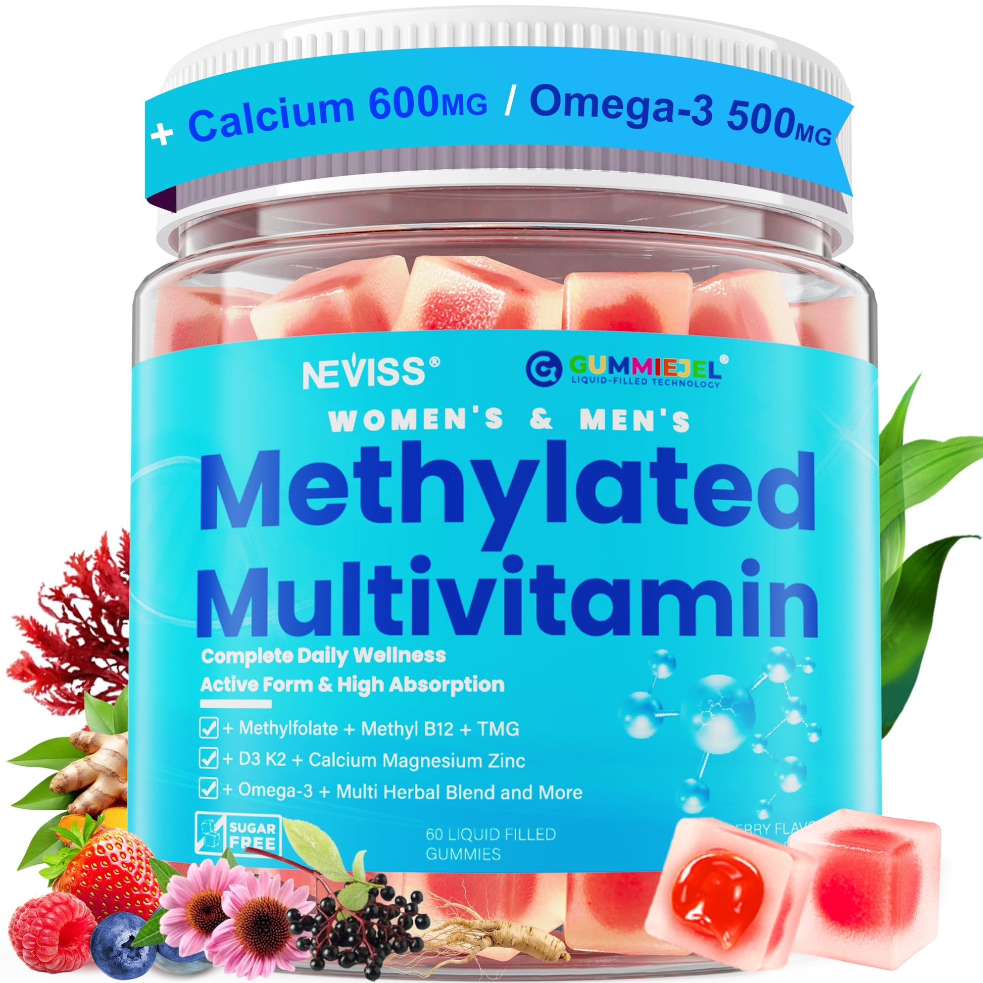 Neviss Methylated Multivitamin gummies container with blue label and gummy vitamins visible.