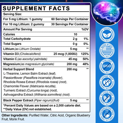 12-in-1 Lithium Orotate 5mg 10mg with Ashwagandha & L-Theanine, Lithium Orotate for Mood, Calm, Cognitive & Brain, High Bioavailability Trace Mineral, Lemon Balm