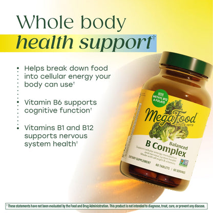 MegaFood Balanced B Complex - Vitamin B Complex for Women & Men - Vitamin B6, B12, Folate, Biotin - Cellular Energy Metabolism