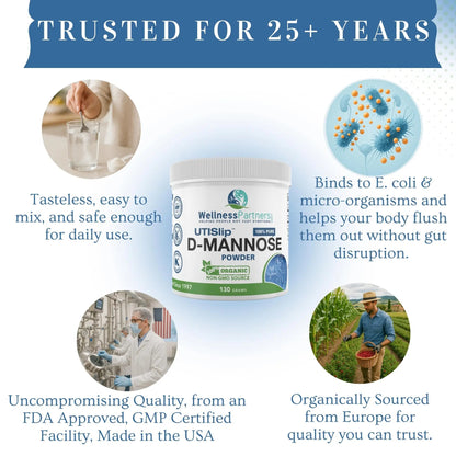 Now New UTI-Slip D Mannose Non GMO Organic Source Powder 130g jar. WellnessPartnersBuy Supplements Australia