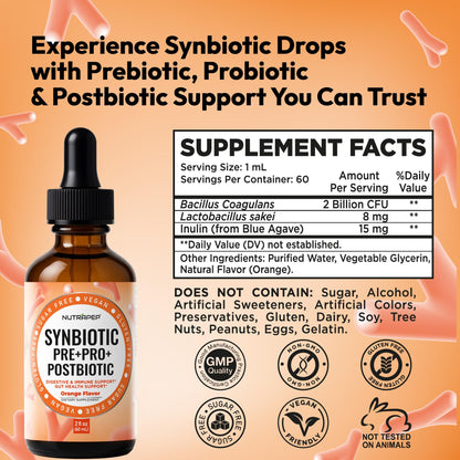 NutraPep Synbiotic Liquid Drops - Probiotic Prebiotic & Postbiotic Supplement for Adults Kids Ages 4+ - Daily Synbiotic for Gut Health Digestive & Immune Support