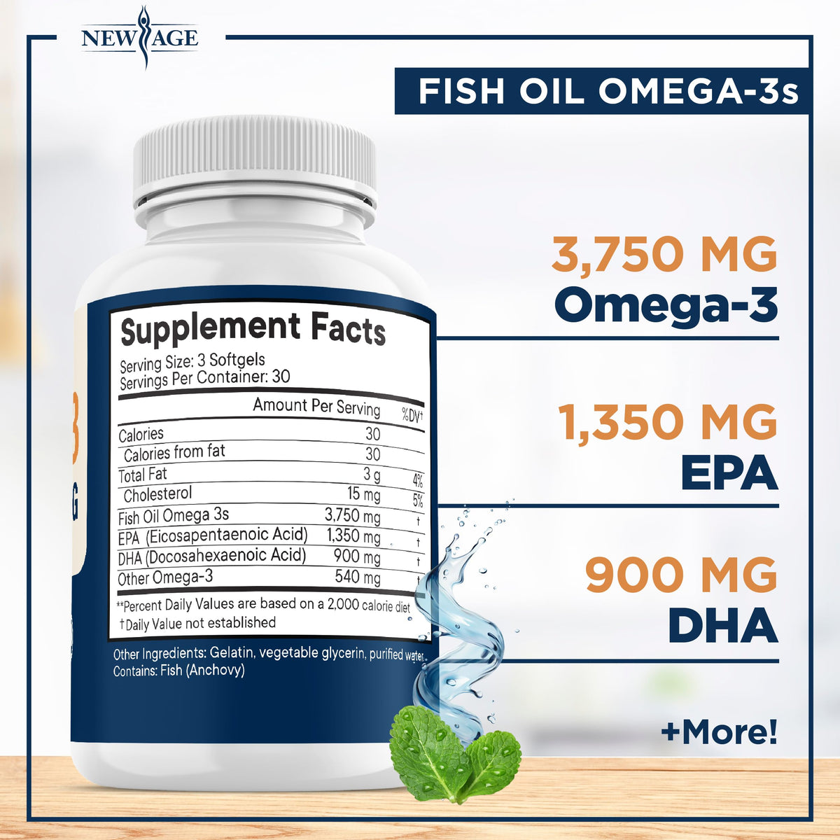 Triple Strength Omega 3 Fish Oil 3750 mg - EPA & DHA - Over 3000mg Omega-3 Fatty Acids - 1350mg EPA + 900mg DHA - Best Essential Fatty Acids, Burpless Fish Oil - 180 Count NEW AGE buy supplements Au