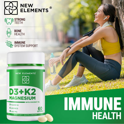 New Elements Vitamin D3 K2 10,000 IU with Magnesium Glycinate 500mg - Bone Health, Immune Support, Energy & Mood - Non-GMO, Gluten-Free