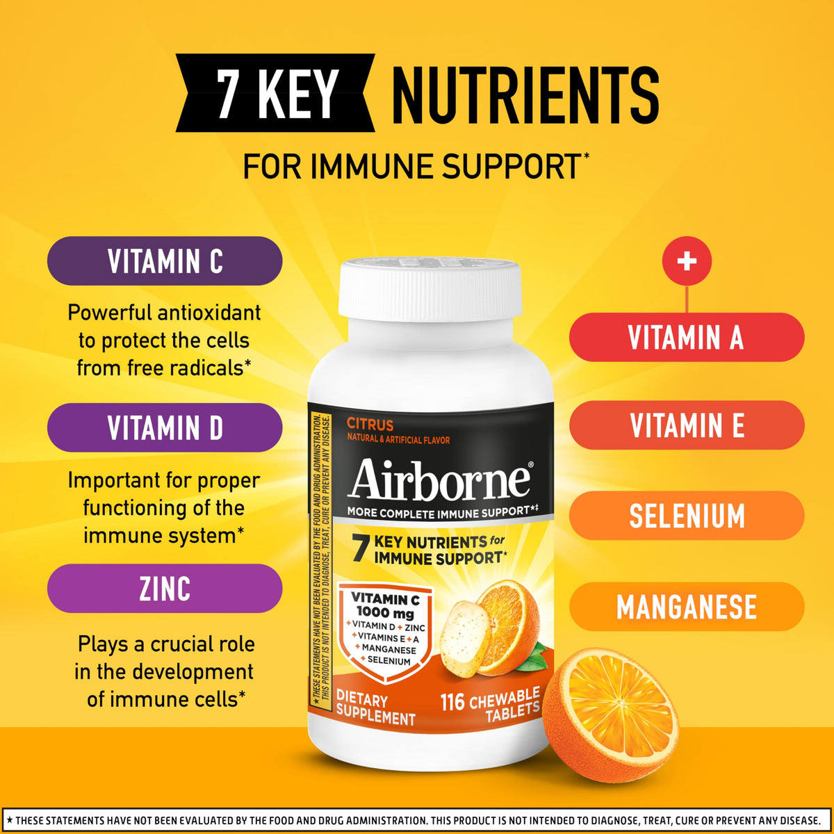 Airborne Vitamin C 1000mg (per Serving) - Citrus Chewable Tablets (116 Count in a Bottle), Gluten-Free Immune Support Supplement, with Vitamins A C E, Zinc, Selenium