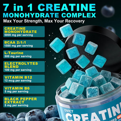 99.99% Creatine Monohydrate Gummies for Men Women 5g, 7-in-1 Pre-Workout Complex with BCAA, Taurine, B12/6 & Electrolytes, 6X Boost Energy, Muscle Strength & Recovery