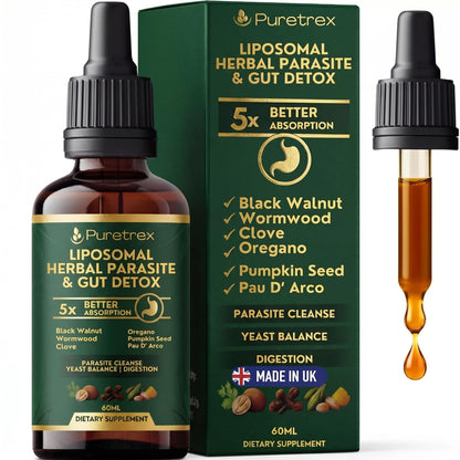 PURETREX Herbal Gut Detox & Cleanse Drops 2 fl oz, Liposomal Dewormer for Humans with Wormwood, Black Walnut, Clove, Pumpkin Seed, PAU D'Arco, Candida