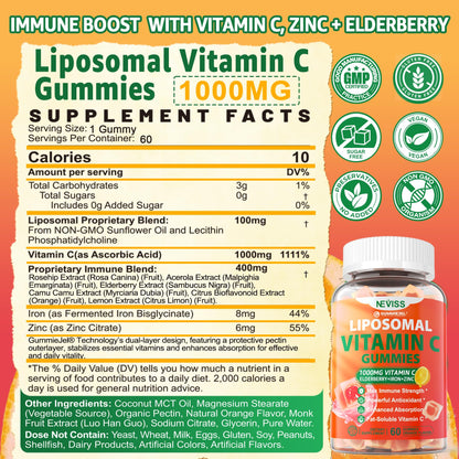 Liposomal Vitamin C 1000mg Gummies for Adults - Vitamin C Chewable with Elderberry, Zinc & 8mg Iron, Sugar Free Vit C Supplements, Daily Immune Support Gummies for Energy