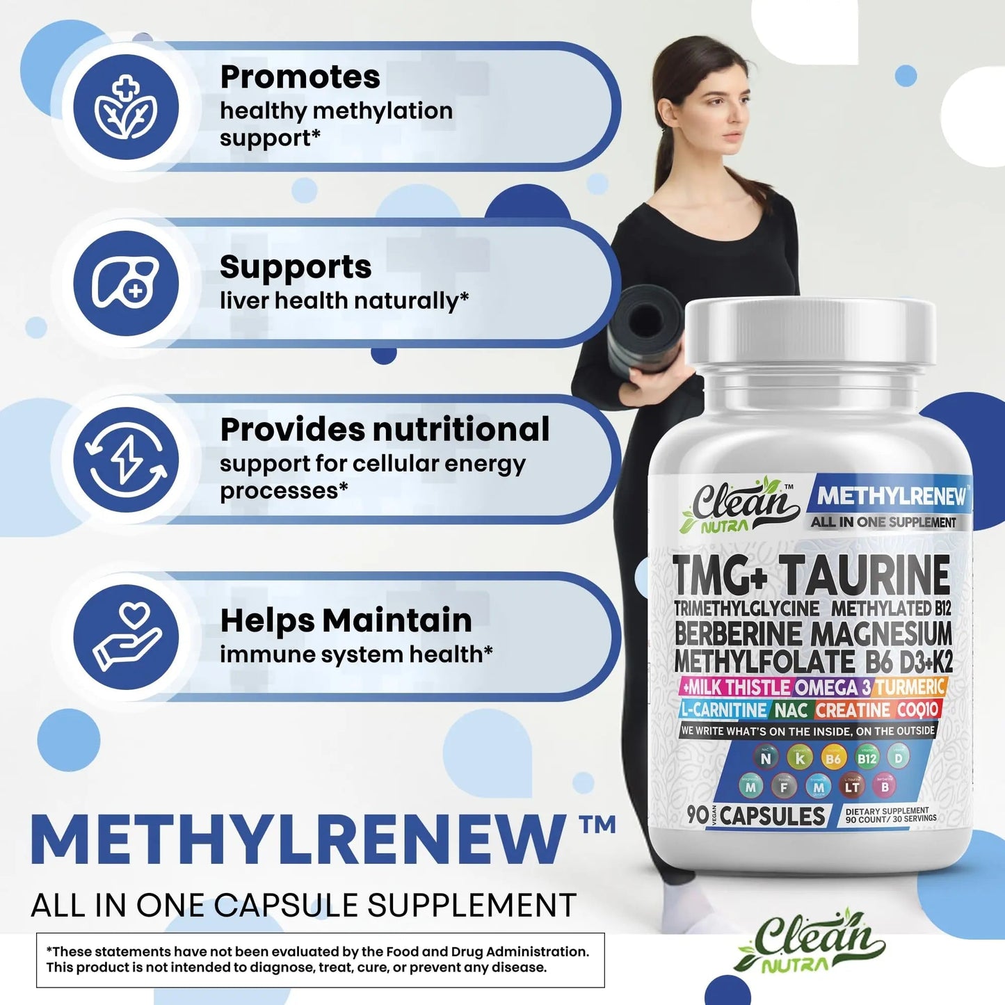 Clean Nutra TMG Supplements 1000mg | Methylated Multivitamin for Women Men | Taurine B6 Vitamins B12 D3 K2 Trimethylglycine Magnesium Clean Nutraceuticals