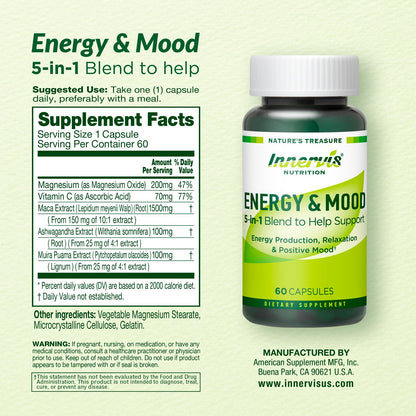 Caffeine Free Natural Energy Boost with Ashwagandha, Maca & Magnesium - Support Stress Relief, Focus & Mood - 60 Capsules by Innervis Nutrition INNERVISNUTRITIONBuy Supplements Australia