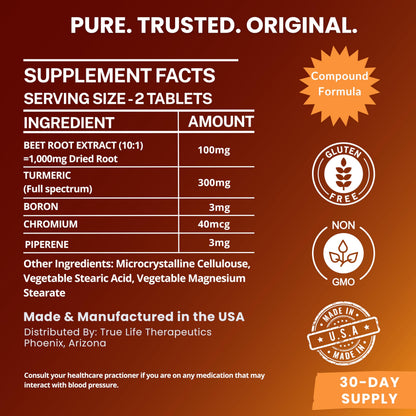 Body Support Tablets – Beet Root Extract, Turmeric Boron & Chromium – Supports Inflammation, Circulation, Hormonal Balance & Metabolic Function – 60ct - 30 Servings True Life Therapeutics buy supplements Au