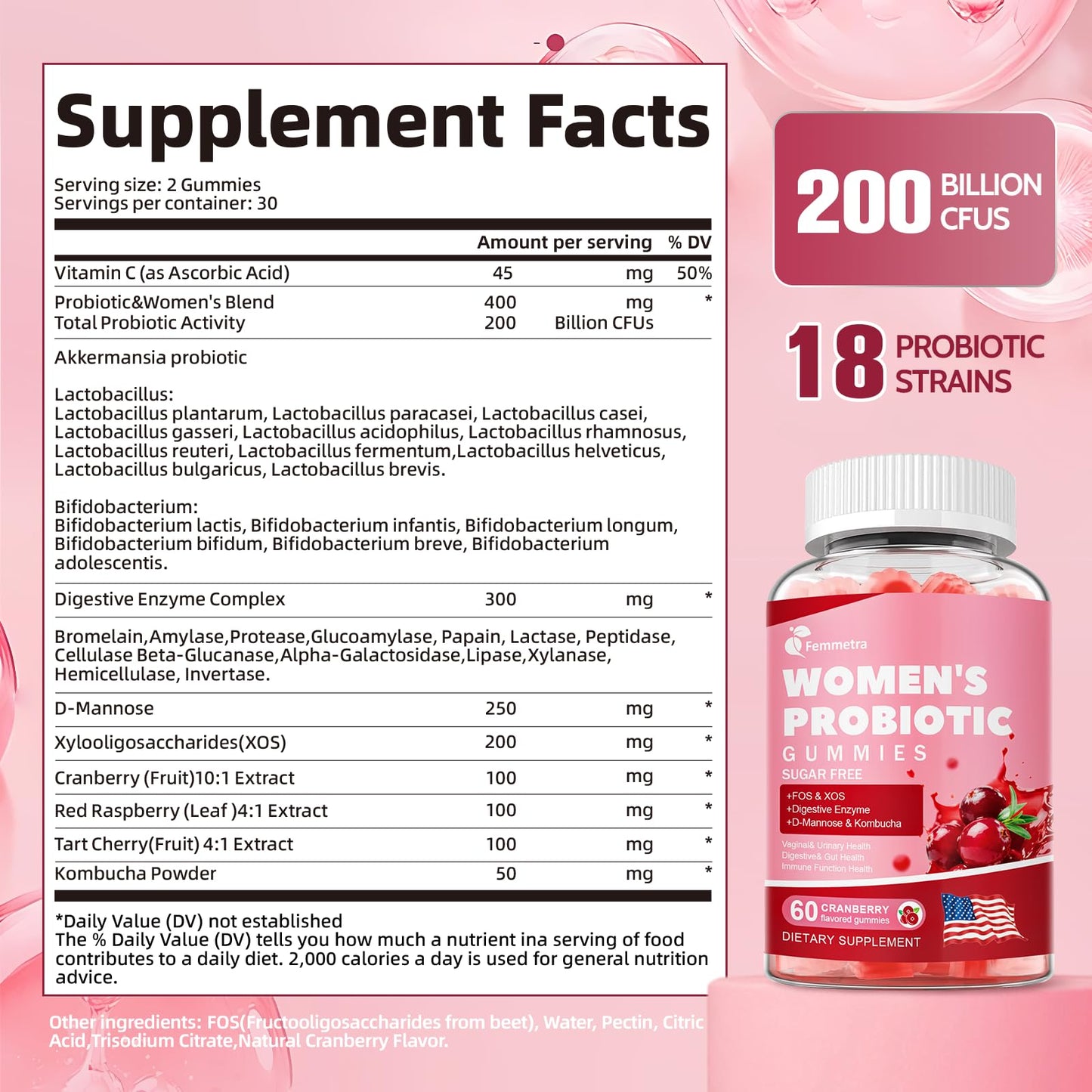 Femmetra 18-in-1 Probiotics for Women with Prebiotics - 200 Billion CFU with Digestive Enzyme, Cranberry, Kombucha - Sugar-Free Vaginal Gummies,