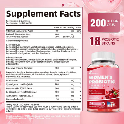 Femmetra 18-in-1 Probiotics for Women with Prebiotics - 200 Billion CFU with Digestive Enzyme, Cranberry, Kombucha - Sugar-Free Vaginal Gummies,