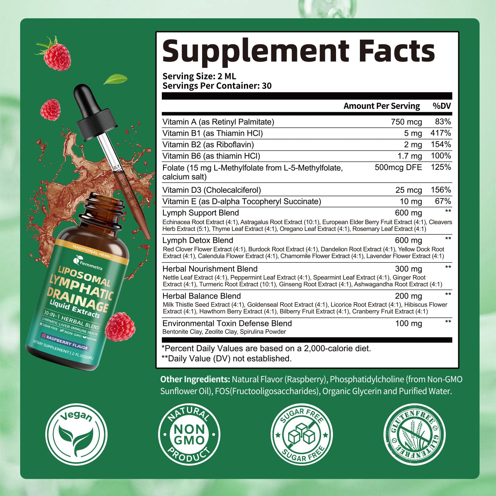 Liposomal Lymphatic Drainage Supplements with 30-in-1 Herbal Blend - Echinacea | Oregano | Milk Thistle - Sugar Free Lymph System Drops - Immune Support, Cleanse & Detox, Raspberry Flavor, 2 fl oz Femmetra buy supplements Au