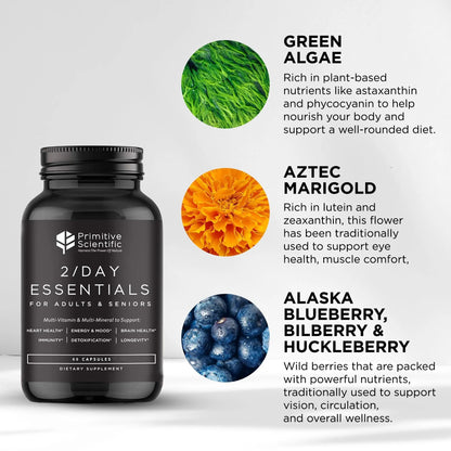 Primitive Scientific Whole Food Daily Essential Multivitamins for Adults and Seniors - 2X a Day - Vitamin A, C, D, E, B12 and Minerals Primitive Scientific