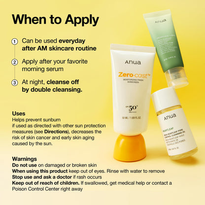 Anua, Zero-Cast Moisturizing Sunscreen SPF 50, Glow Natural Sunscreen for face, No White