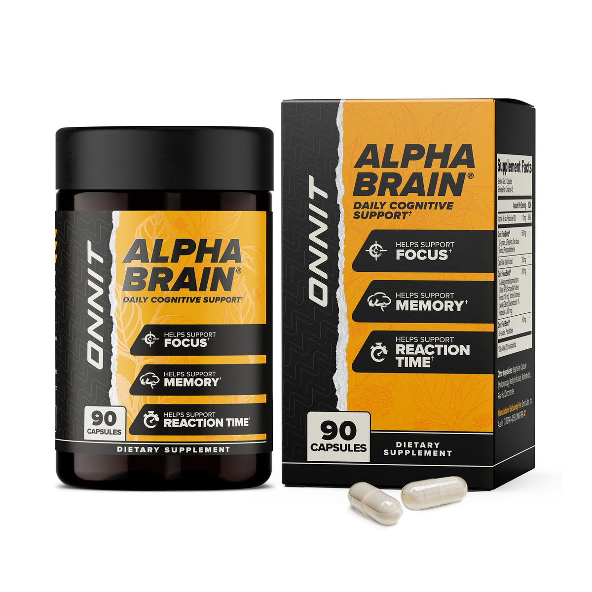 Alpha Brain supplement bottle and packaging on a white background