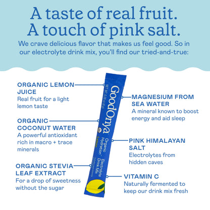 GOODONYA Organic Hydration Electrolyte Drink Mix, Certified Organic Hydration Powder, Non-GMO, Biochecked Glyphosate Free, Low Sugar, Lemonade Flavor, No Artificial Flavors,12 Stick Packs