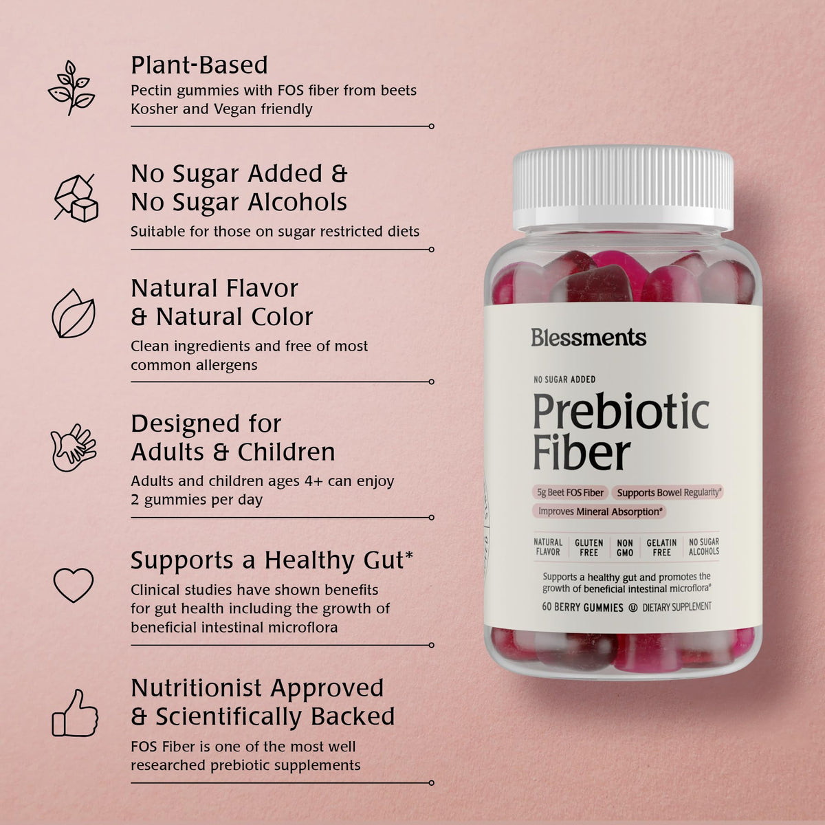 Blessments - Prebiotic Fiber Gummies for Adults & Kids with No Added Sugar- 5g (60 Count-2 Pack) High Fiber Supplement Gummies - Vegan - Keto Friendly