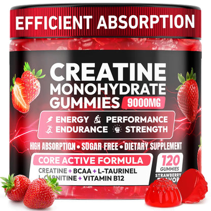 Creatine Gummies Monohydrate Complex 9000MG, Chewable Creatine Monohydrate Gummies for Men & Women with L-Taurine, BCAA 2:1, B12/6, Building Muscle