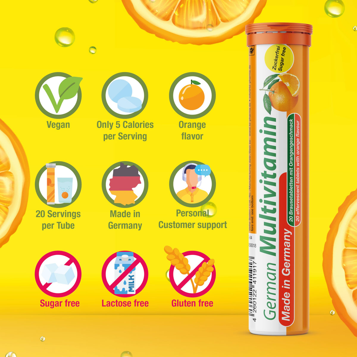 T&D German Multvitamin 10 Vitamins - 40 Vegan Drink Effervescent Tablets - Orange Flavor - Made in Germany T&D buy supplements Au