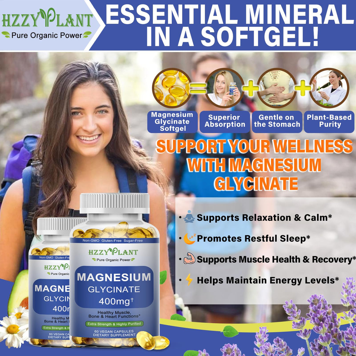 Magnesium Glycinate Softgels, High Absorption Magnesium Glycinate 400mg Supplement for Muscle, Heart, Sleep & Bone Support, Bisglycinate Softgel Capsules Supplement, Vegan, Non-GMO, 2 Month Supply HZZYPLANTBuy Supplements Australia