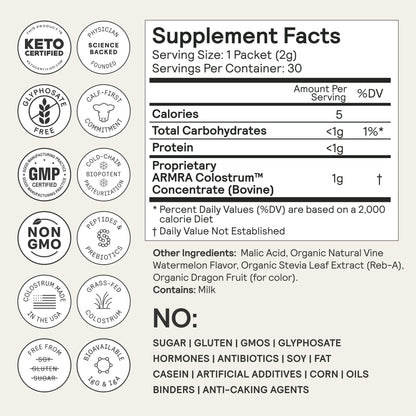 ARMRA Colostrum Powder | Vine Watermelon | Gut Health & Bloating | Skin & Hair | Immunity | Keto, Gluten & Fat-Free | 30 Servings