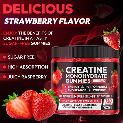 Creatine Gummies Monohydrate Complex 9000MG, Chewable Creatine Monohydrate Gummies for Men & Women with L-Taurine, BCAA 2:1, B12/6, Building Muscle