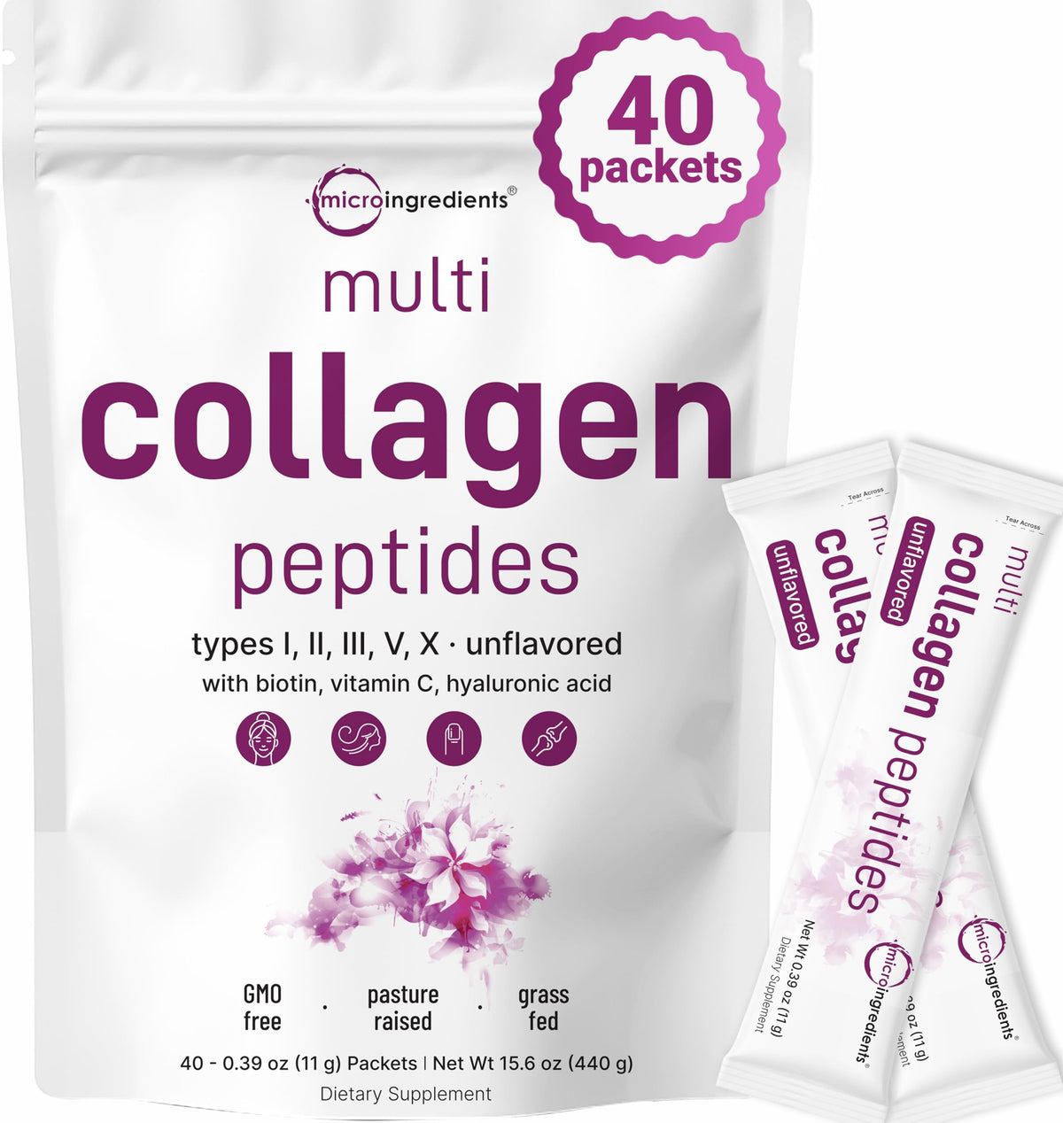 Micro Ingredients Multi Collagen Peptides Powder, 40 Stick Packs | Type I, II, III, V, X + Biotin, Vitamin C & Hyaluronic Acid | Unflavored