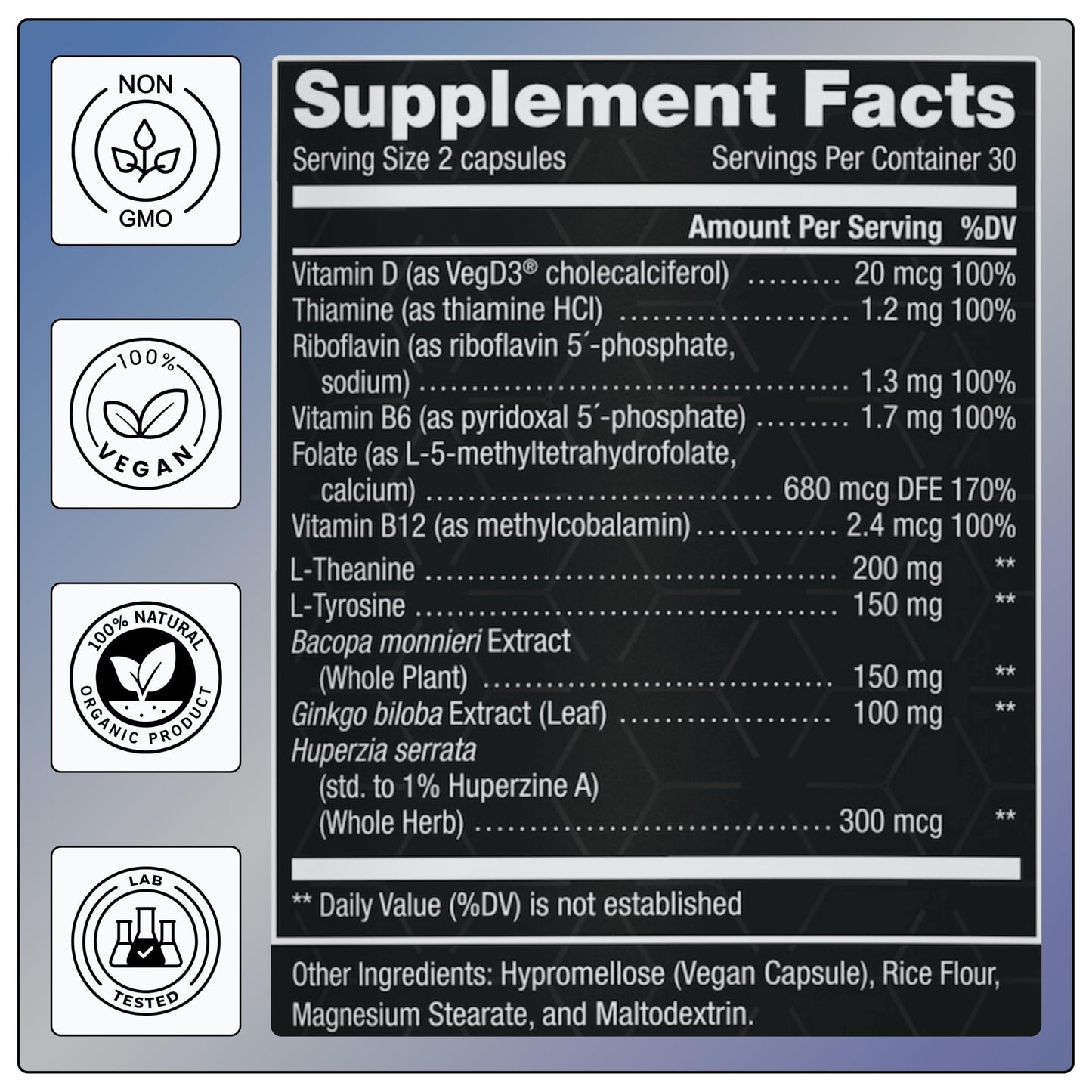 11-in-1 Nootropic Supplement: Supports Memory & Cognition - 100mg Ginkgo 150mg Bacopa 300mcg Huperzine 200mg L-Theanine 150mg L-Tyrosine & Bioactive B-Complex w/ 5-MTHF - 1,100mg+ Serving - 60 Count NOVIQBuy Supplements Australia