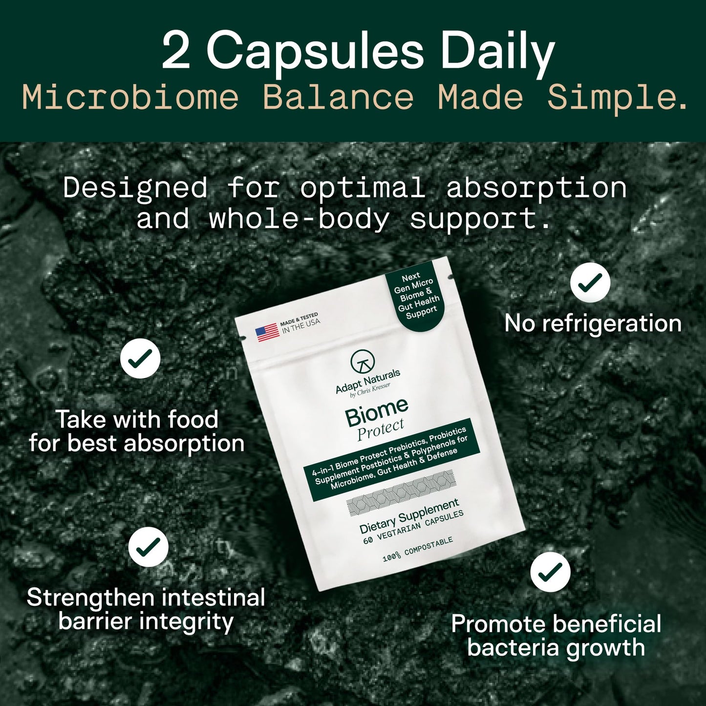 Adapt Naturals 4-in-1 Biome Protect Prebiotics, Probiotics Supplement Postbiotics & Polyphenols for Microbiome, Gut Health & Defense