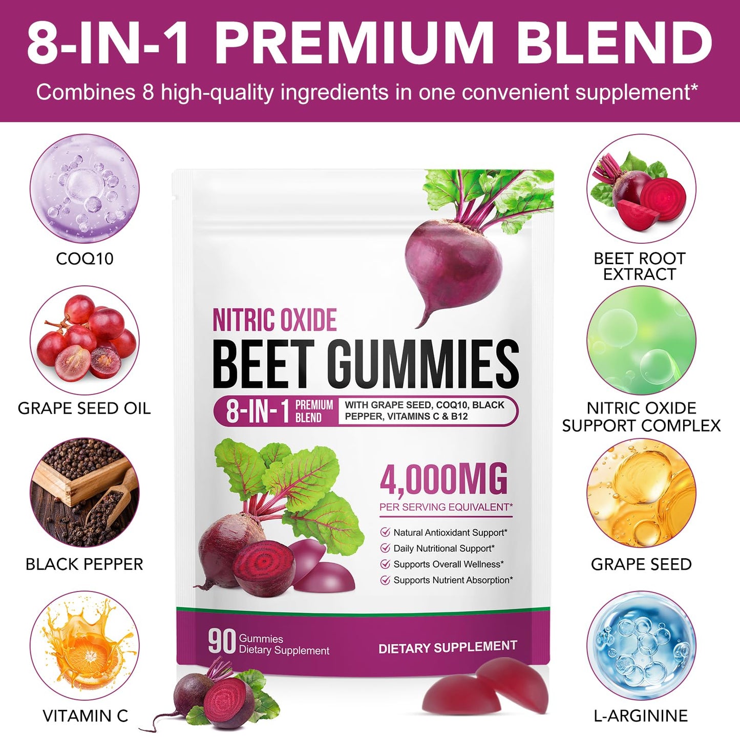 ECHTEYUN Super Beetroot Gummies, 8 in 1 Beet Root 4,000mg with Grape Seed Extract & CoQ10, Sugar Free - 90 Count (1)