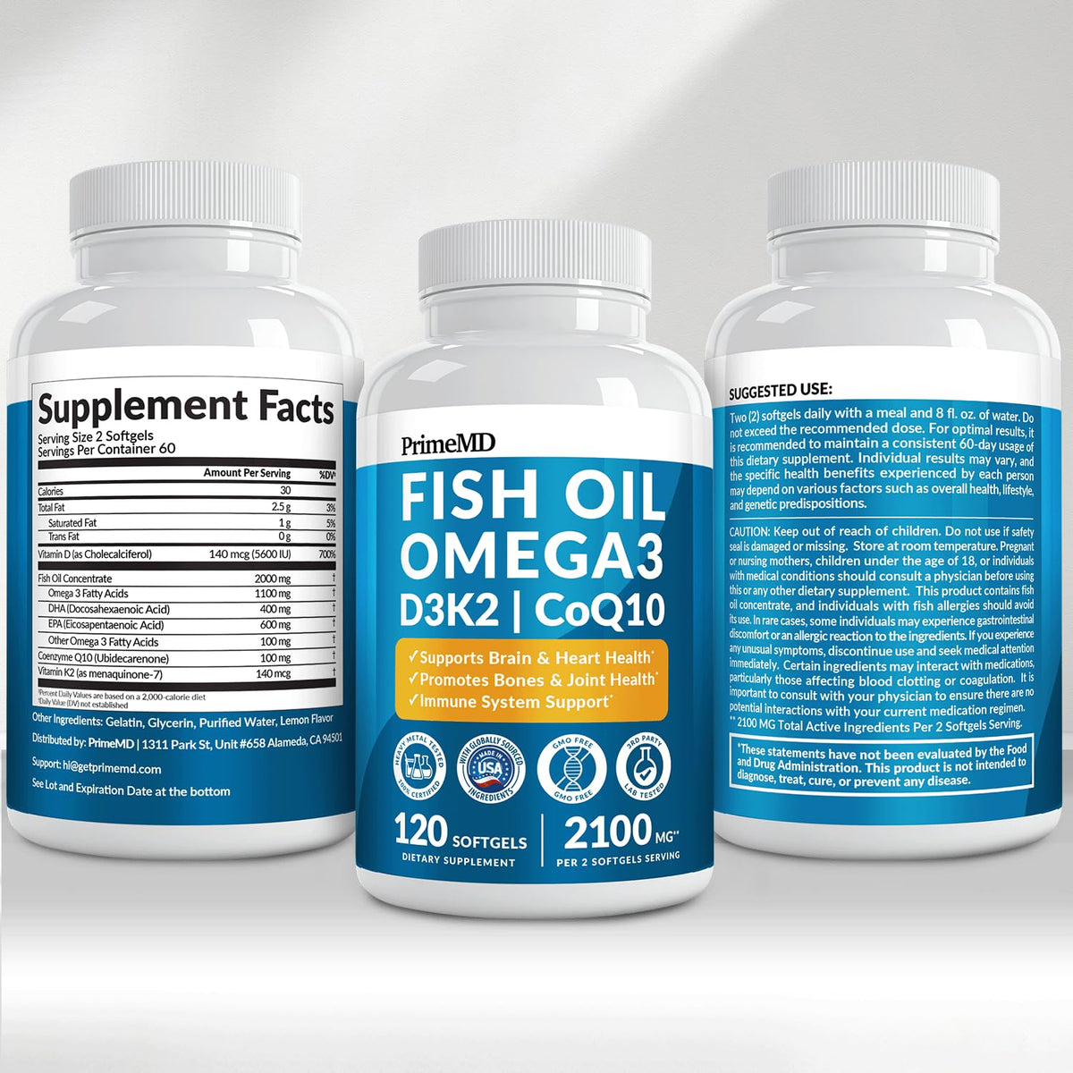 4-in-1 Fish Oil Omega 3 Fatty Supplements (2100mg) - Omega 3 Fish Oil with Vitamins D3 K2 and CoQ10 - Lemon Flavored (120 softgels) PrimeMD buy supplements Au