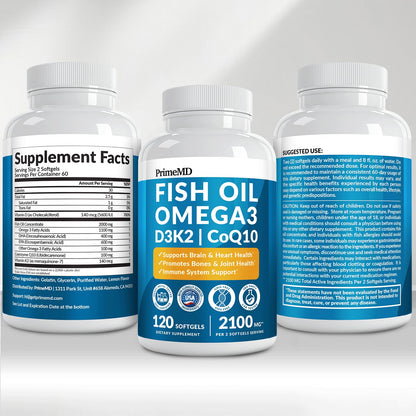 4-in-1 Fish Oil Omega 3 Fatty Supplements (2100mg) - Omega 3 Fish Oil with Vitamins D3 K2 and CoQ10 - Lemon Flavored (120 softgels) PrimeMD buy supplements Au